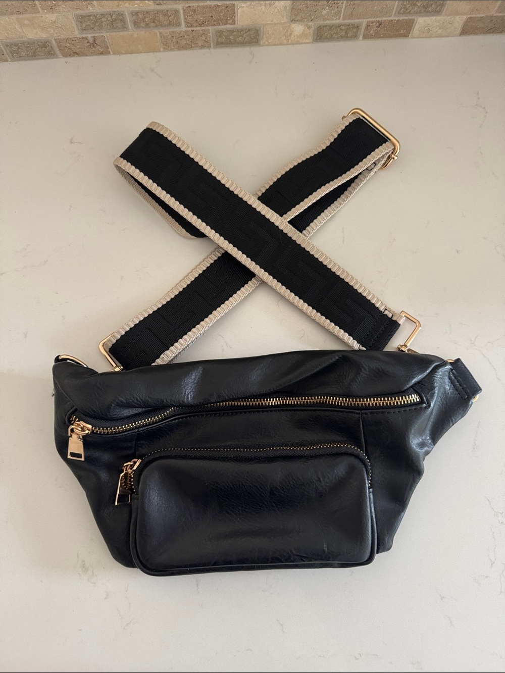 Ah Dorned Black Leather Crossbody Belt Bag with Gold Hardware NWOT